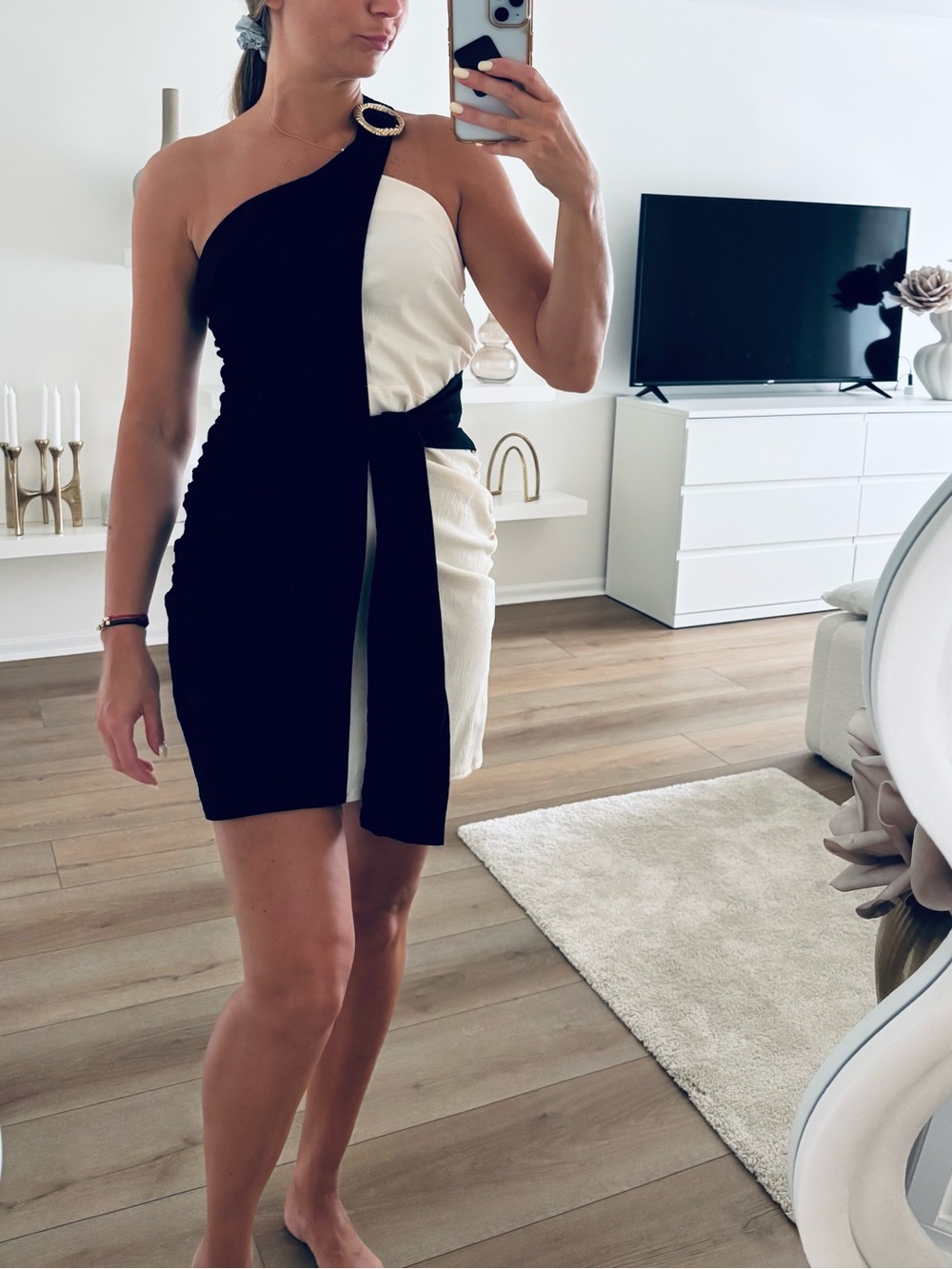 Zara Black & beige One-Shoulder Dress